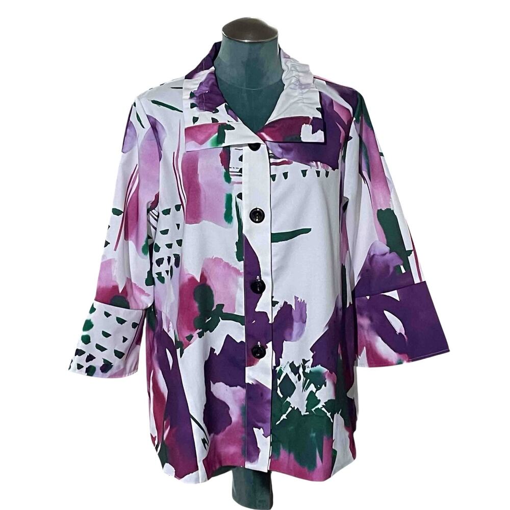 Samuel Dong Abstract Blazer Jacket L White Purple Button Front Artsy Maximalist